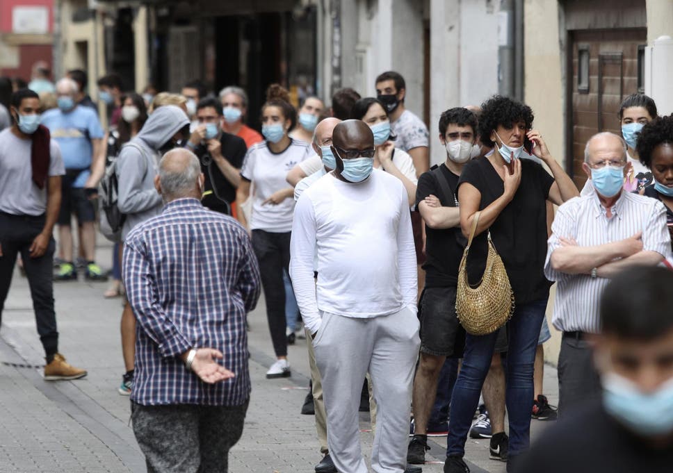 People queue up to be tested for coronavirus in Ordizia, Basque Country, Spain, on 6 July, 2020.  