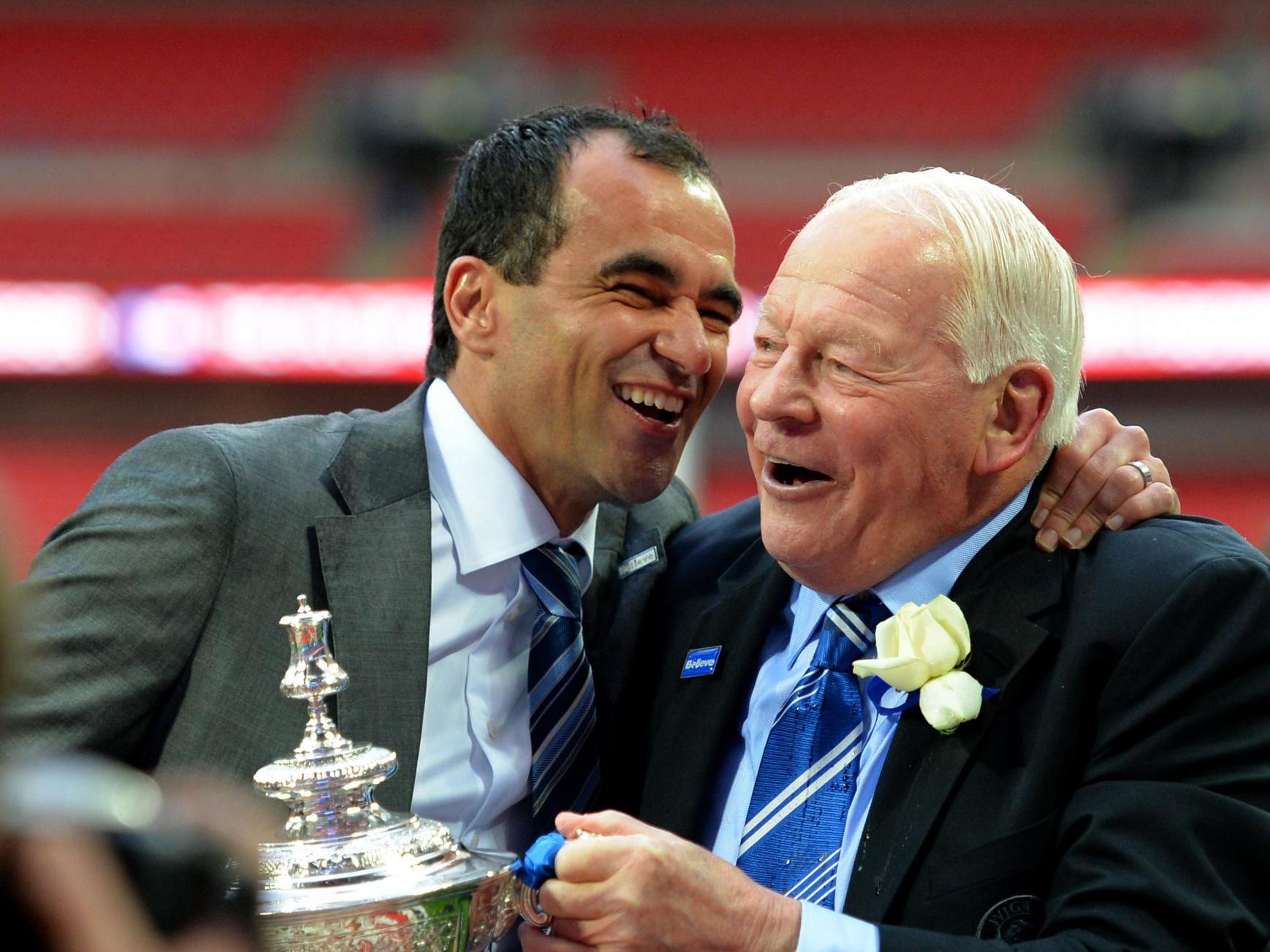 Roberto Martinez (left) with former Wigan owner Dave Whelan after the club's FA Cup triumph in 2013
