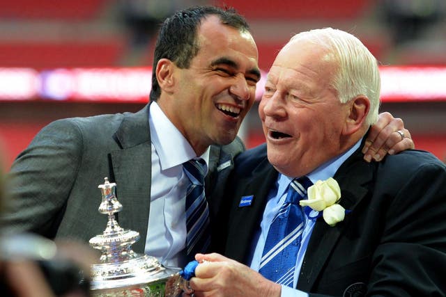 Roberto Martinez (left) with former Wigan owner Dave Whelan after the club's FA Cup triumph in 2013