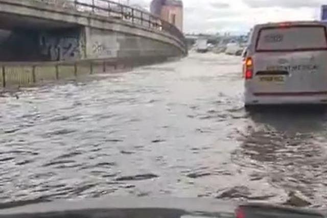 Flooding on the North Circular road near Brent Cross in London