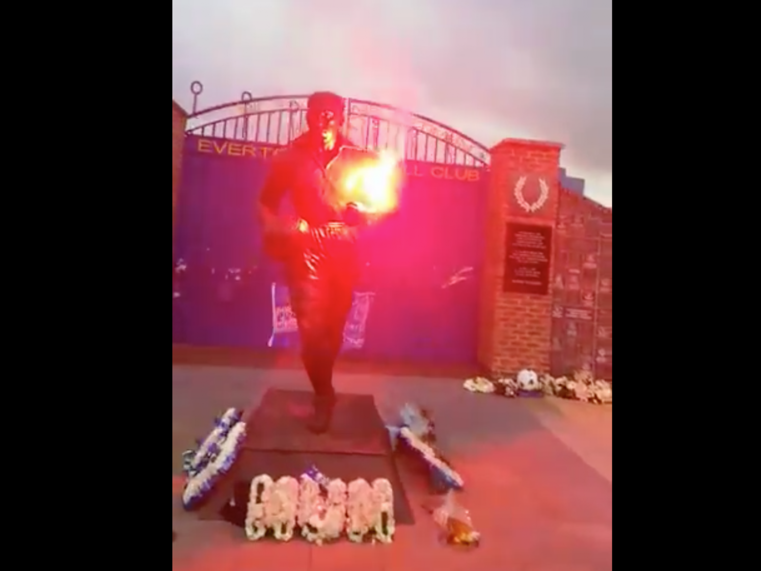 The Dixie Dean statue outside Goodison Park was set on fire