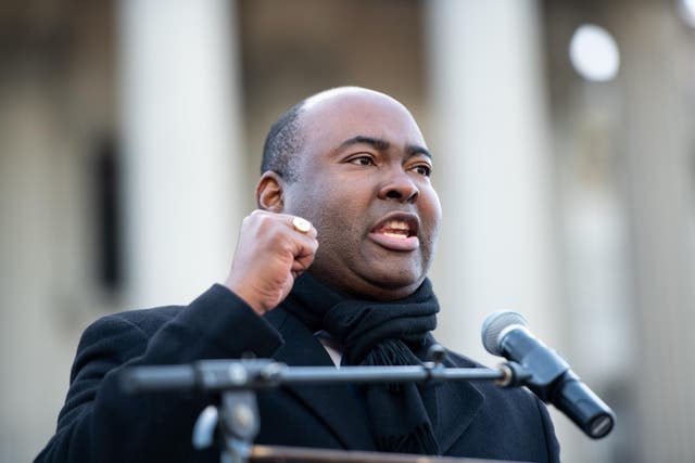 COLUMBIA, SC - JANUARY 20: U.S. senate candidate Jaime Harrison speaks to the crowd during the King Day celebration at the Dome March and rally on January 20, 2020 in Columbia, South Carolina. The event, first held in 2000 in opposition to the display of the Confederate battle flag at the statehouse, attracted more than a handful Democratic presidential candidates to the early primary state.