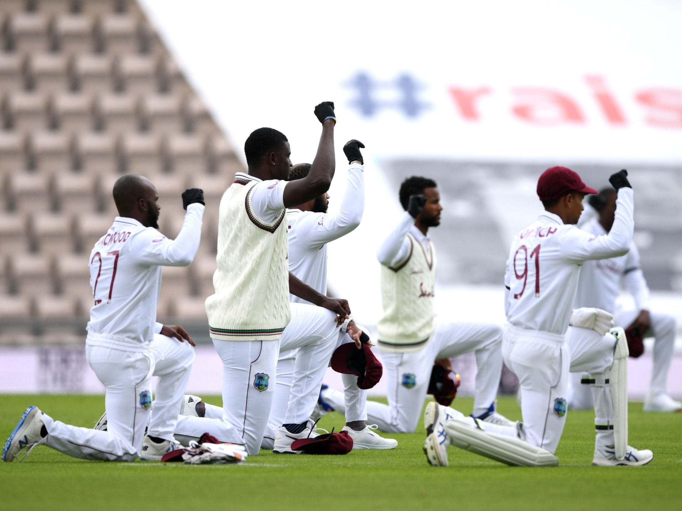 The West Indies players wore black gloves on their right hands as they took a knee