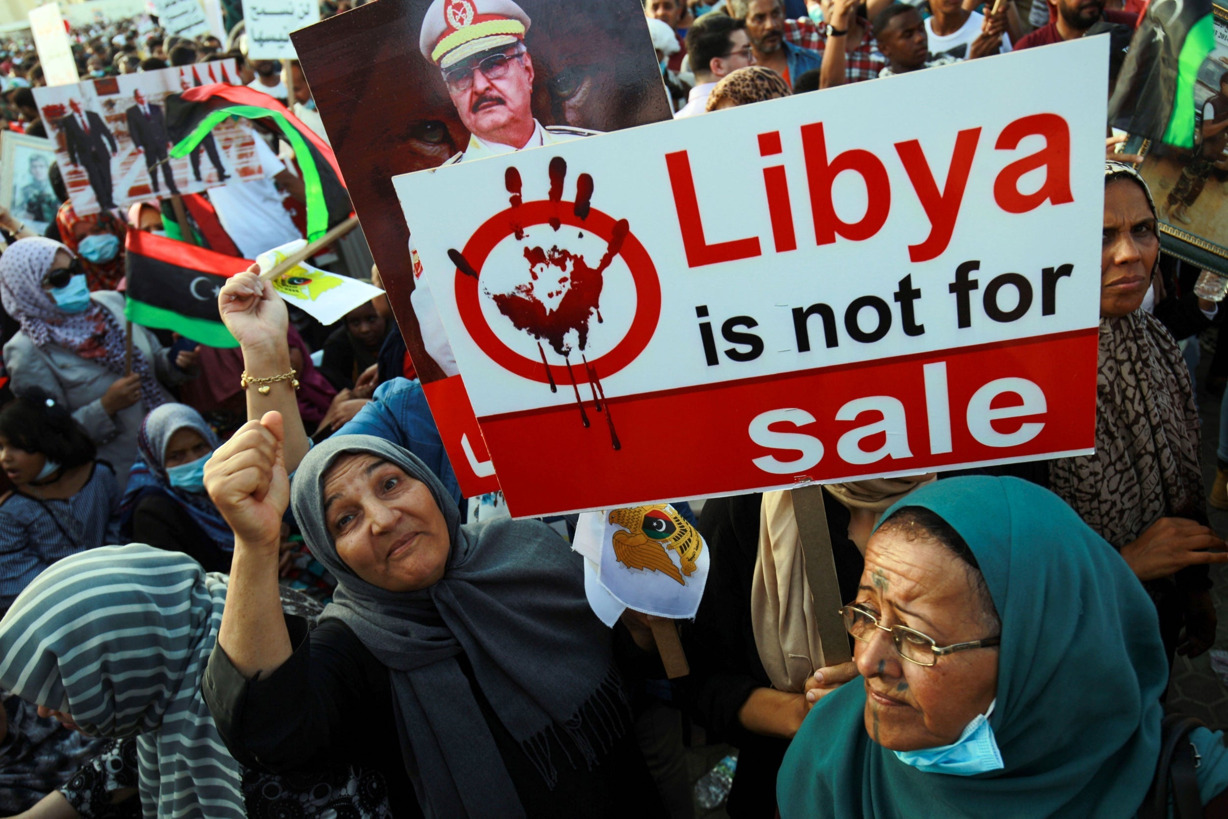 Haftar supporters in Benghazi protest against Turkey’s intervention in Libya (AFP via Getty)