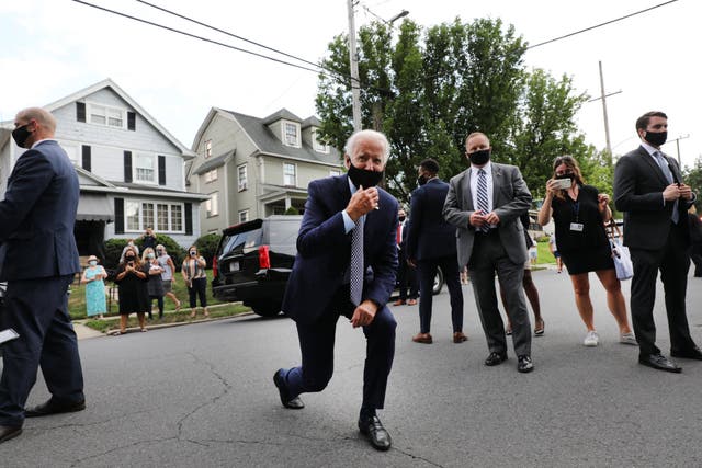 Joe Biden stops in front of his childhood home on July 09, 2020 in Scranton, Pennsylvania. The former vice president, who grew up Scranton, toured a metal works plant in Dunmore in northeastern Pennsylvania and spoke about his economic recovery plan