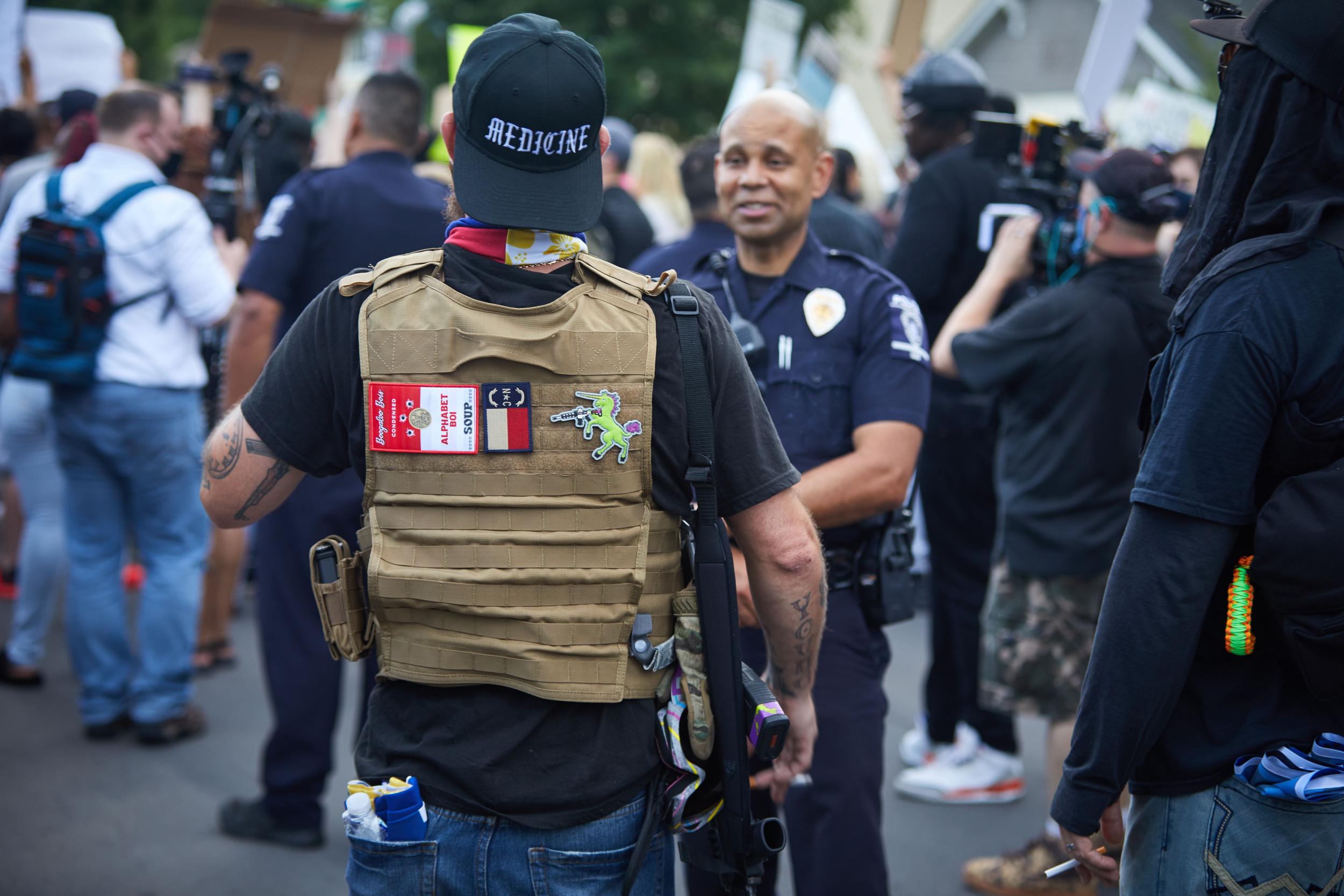 A Boogaloo Boi at a protest outside a police department in Charlotte, North Carolina