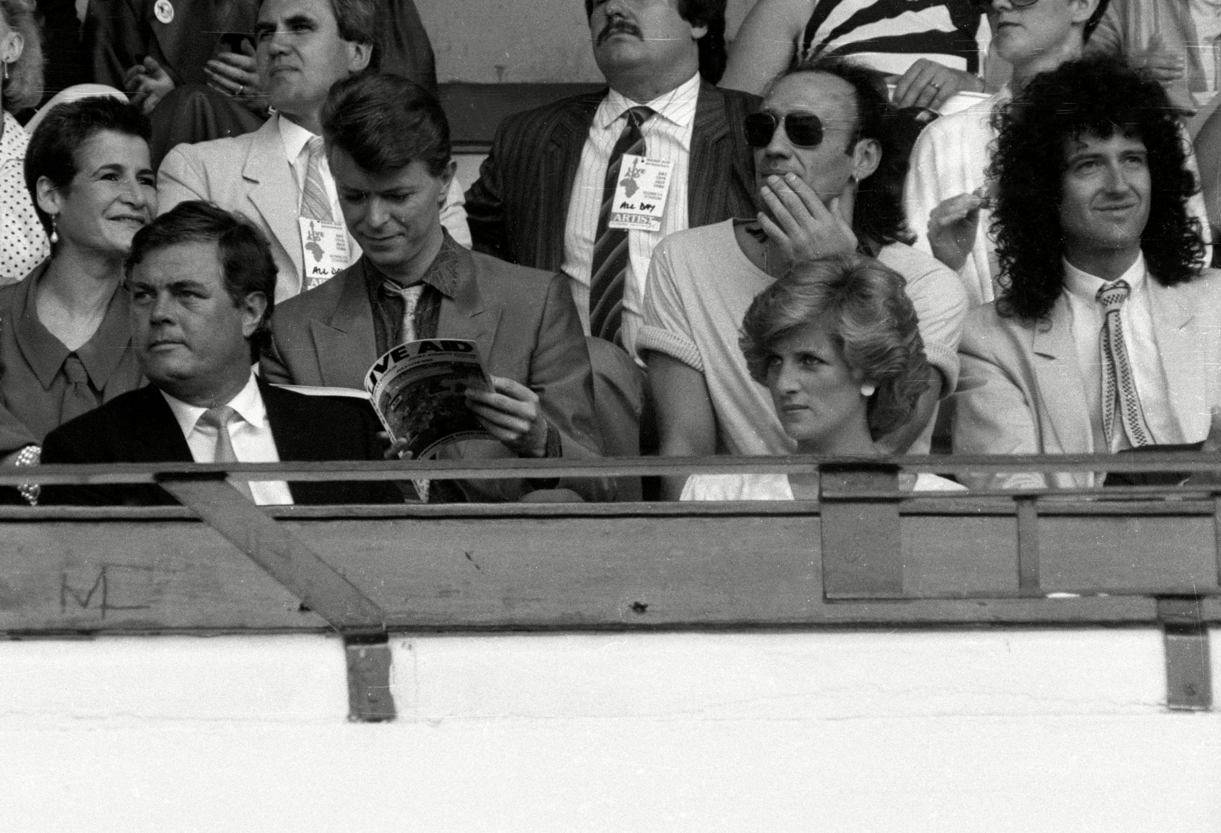 David Bowie, Brian May and Diana, Princess of Wales in the audience at Live Aid