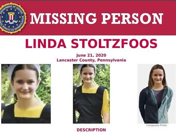 An FBI missing person flier regarding missing Amish teen Linda Stoltzfoos