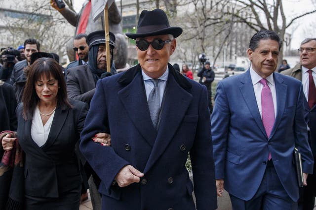 Roger Stone, a longtime political adviser to Donald Trump arrives for his sentencing hearing at the DC Federal District Court in Washington in February