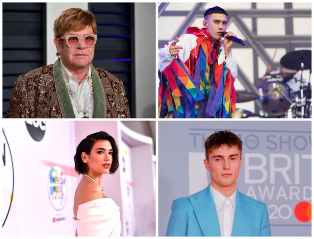 Clockwise from top: Elton John, Olly Alexander, Sam Fender and Dua Lipa have signed a letter calling on the government to ban ‘conversion therapy’