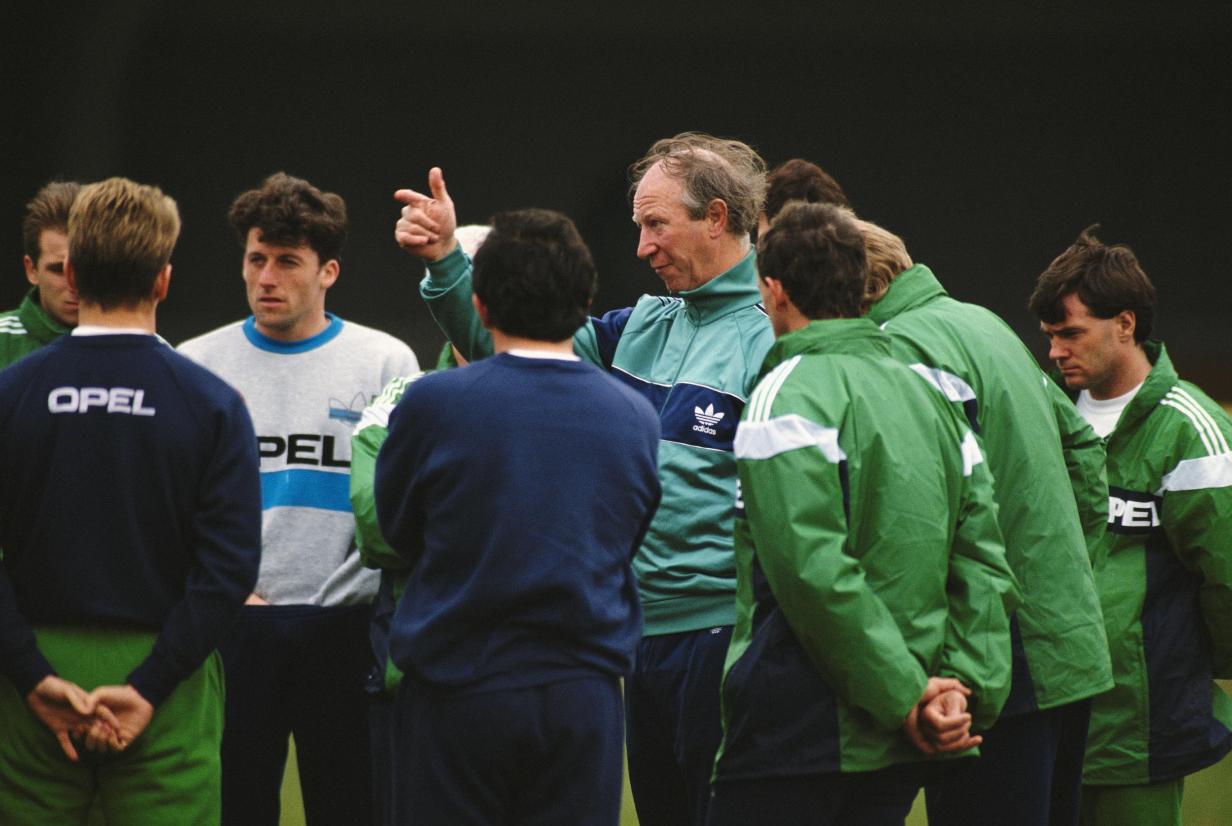 Charlton makes his point during an Ireland training session in 1991