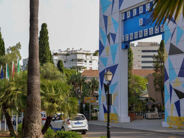 General view near the spot where a British man died after reportedly falling from a hotel balcony in Marbella, killing a Spaniard on the terrace below, 11 July 2020.