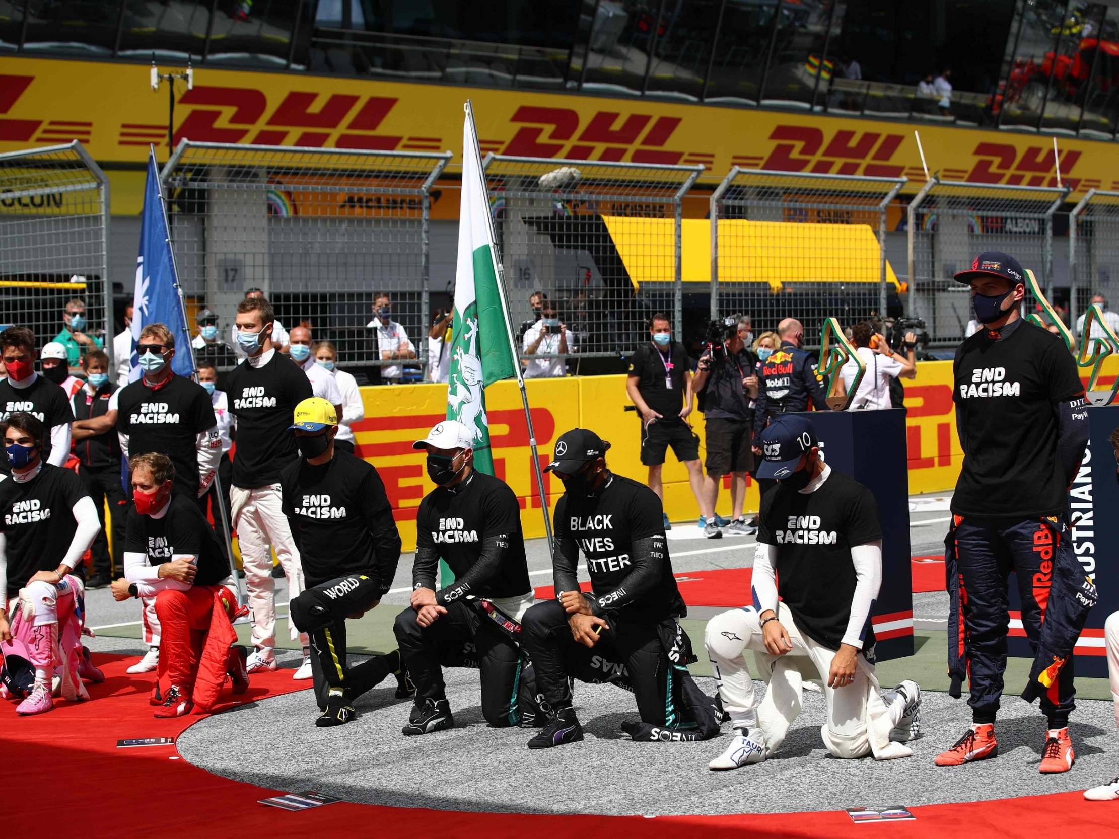 F1 drivers take a knee as Max Verstappen, Daniil Kvyat, Kimi Raikkonen and Charles Leclerc stay standing
