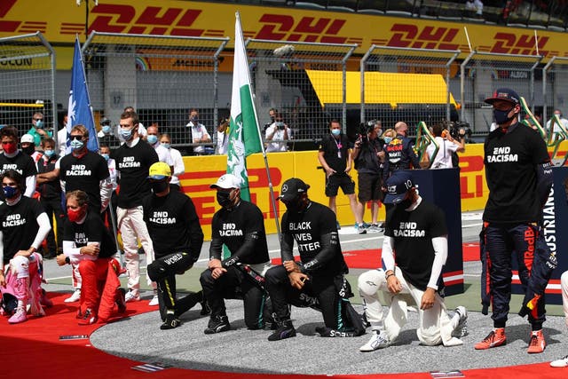 F1 drivers take a knee as Max Verstappen, Daniil Kvyat, Kimi Raikkonen and Charles Leclerc stay standing