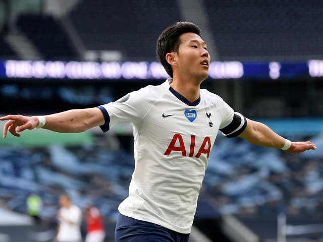 Tottenham's Son Heung-min celebrates after scoring his side's first goal against Arsenal