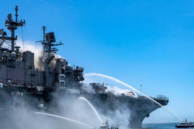 USS Bonhomme Richard at Naval Base San Diego, on fire on Sunday