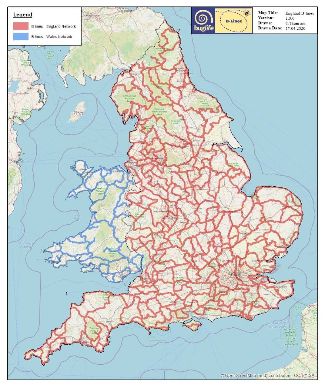 Map showing the complete B-Line wildflower network across England and the partially complete network in Wales