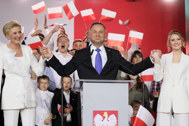 Andrzej Duda giving a statement after first exit polls in Polish Presidential elections. Pultusk, Poland, 12 July 2020