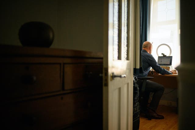 Crisis Volunteer David Whiting sits in his office, where he usually responds to texters for the crisis text service Shout 85258 on June 01, 2020 at his home in the Sidcup area of London, United Kingdom