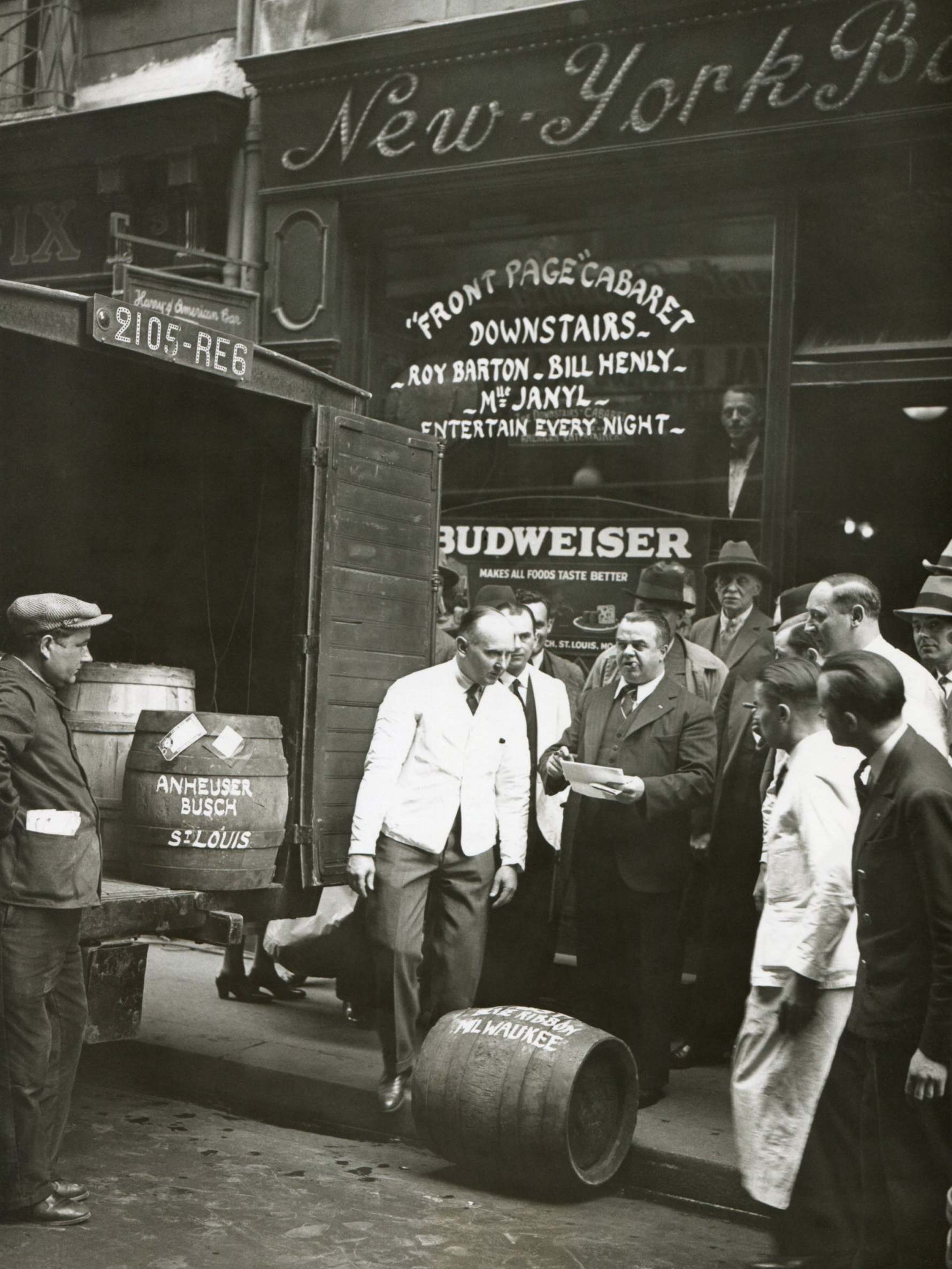 Anheuser-Busch kegs being delivered to a bar and cabaret in New York City in 1928. The brewing company sold drinks with less than 0.5 per cent alcohol during Prohibition