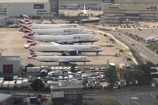 Standing idle: British Airways planes parked at Heathrow airport