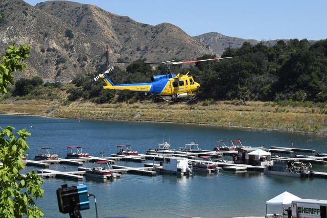 A Ventura County Sheriff's helicopter returns to base during the search to find Naya Rivera on 10 July 2020 at Lake Piru, California.