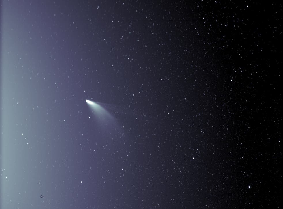 An unprocessed image from the WISPR instrument on board NASA’s Parker Solar Probe shows comet NEOWISE on July 5, 2020, shortly after its closest approach to the Sun