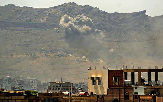 Smoke billows following a reported airstrike by the Saudi-led coalition in the Yemeni capital Sanaa, on July 1, 2020