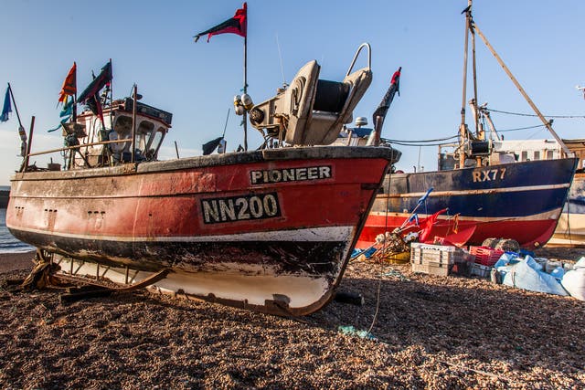 Fishing boats out of the water in Hastings - the town is home to Europe's largest beach-launched fishing fleet