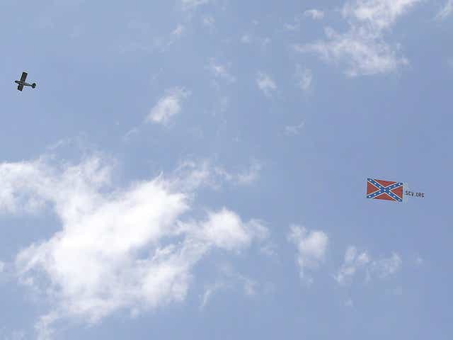 A Confederate Flag paid for by the Sons of Confederate Veterans is flown over the Bristol Motor Speedway prior to the Nascar Cup Series All-Star Race at Bristol Motor Speedway on 15 July, 2020