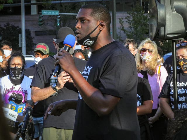 Mondaire Jones, winner of the Democratic primary for the 17th Congressional District, addresses a Black Lives Matter rally