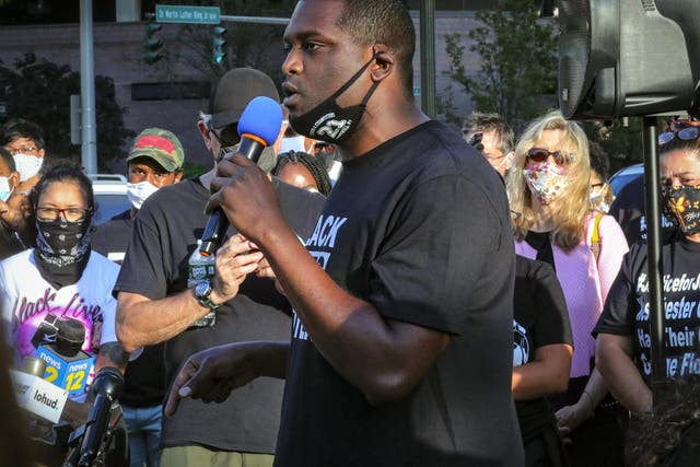 Mondaire Jones, winner of the Democratic primary for the 17th Congressional District, addresses a Black Lives Matter rally