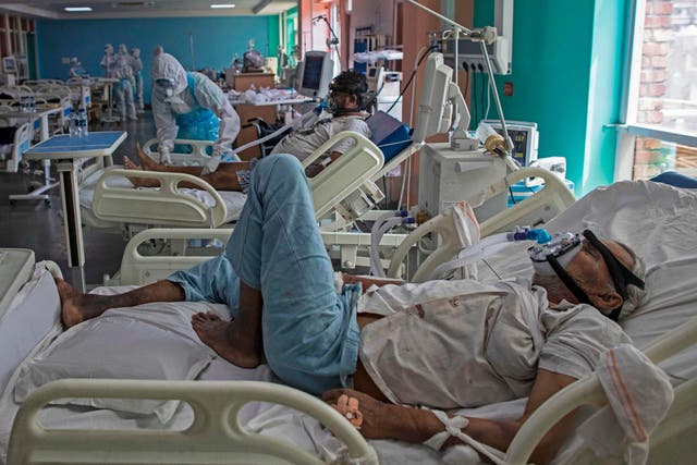 Coronavirus patients in the ICU of the Sharda Hospital, Noida near Delhi. Cases in India passed one million on Friday