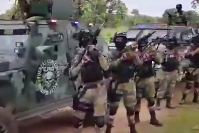 A still from a video apparently released by the Jalisco New Generation Cartel showing the group's military power
