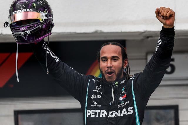 Lewis Hamilton celebrates his victory in the Hungarian Grand Prix