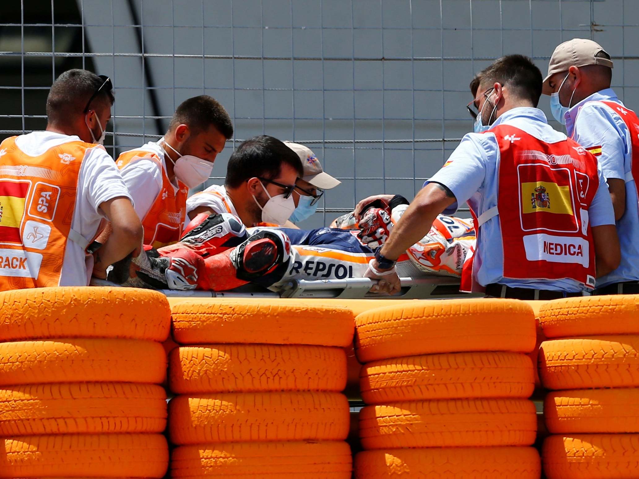 Marquez was carried away on a stretcher after the high-speed accident
