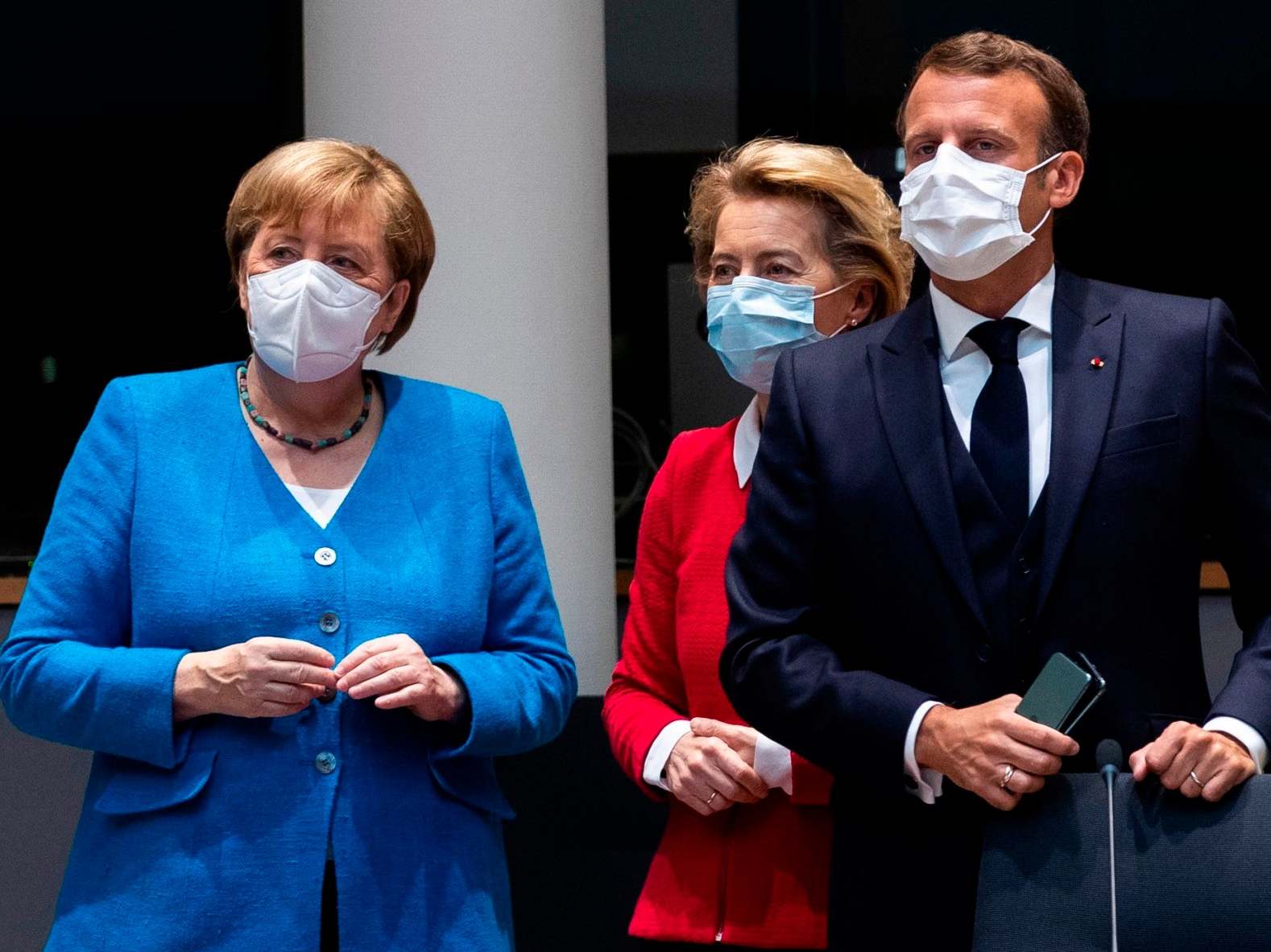 Angela Merkel with Ursula von der Leyen and Emmanuel Macron