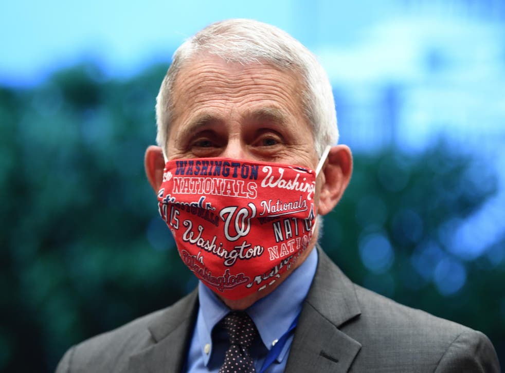 Dr Anthony Fauci, director of the National Institute for Allergy and Infectious Diseases, wears a face mask bearing the name of the Major League Baseball Washington Nationals