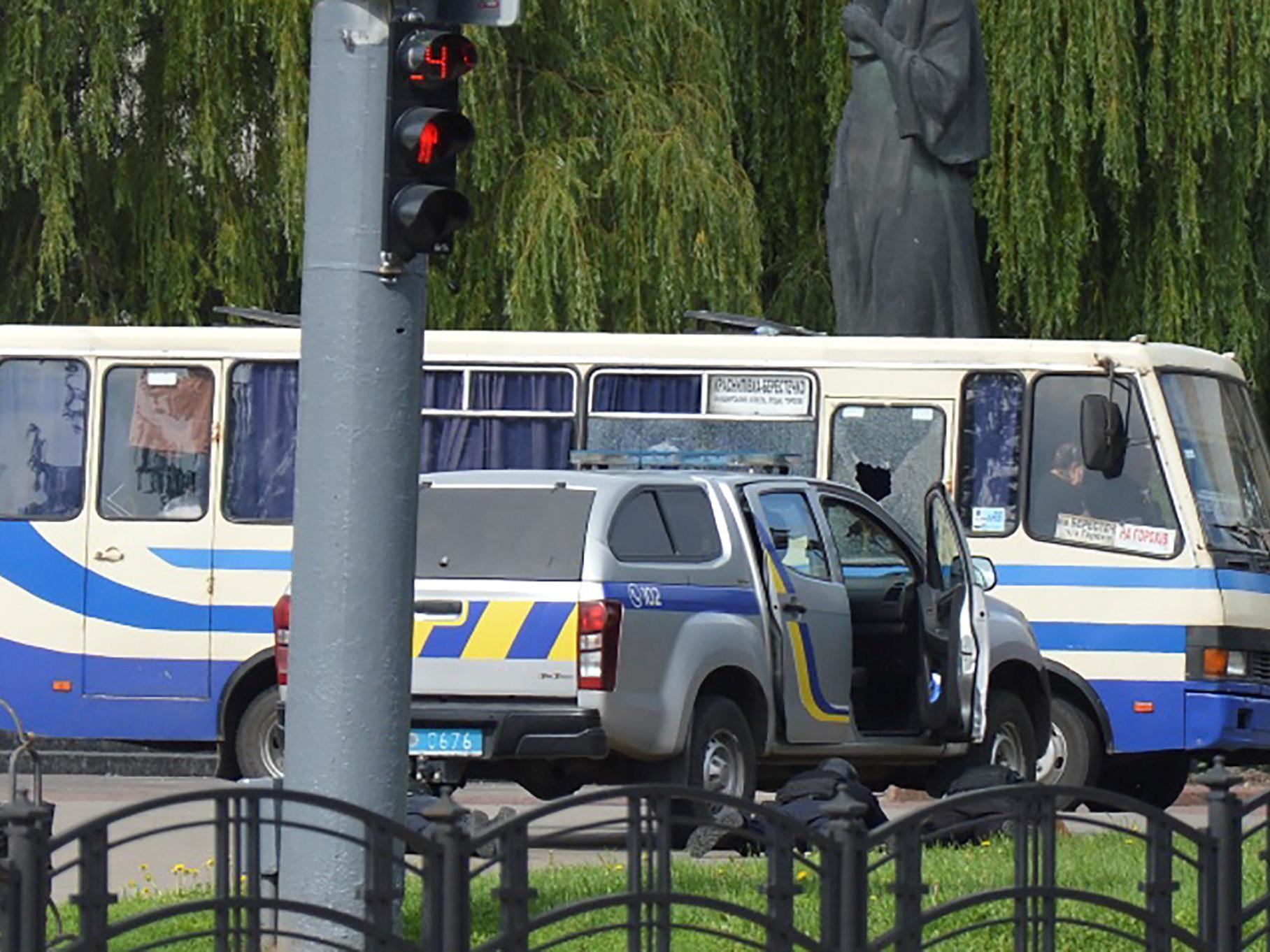 Ukrainian law enforcement officers respond to a hostage situation in the city of Lutsk, Ukraine, on 21 July, 2020.