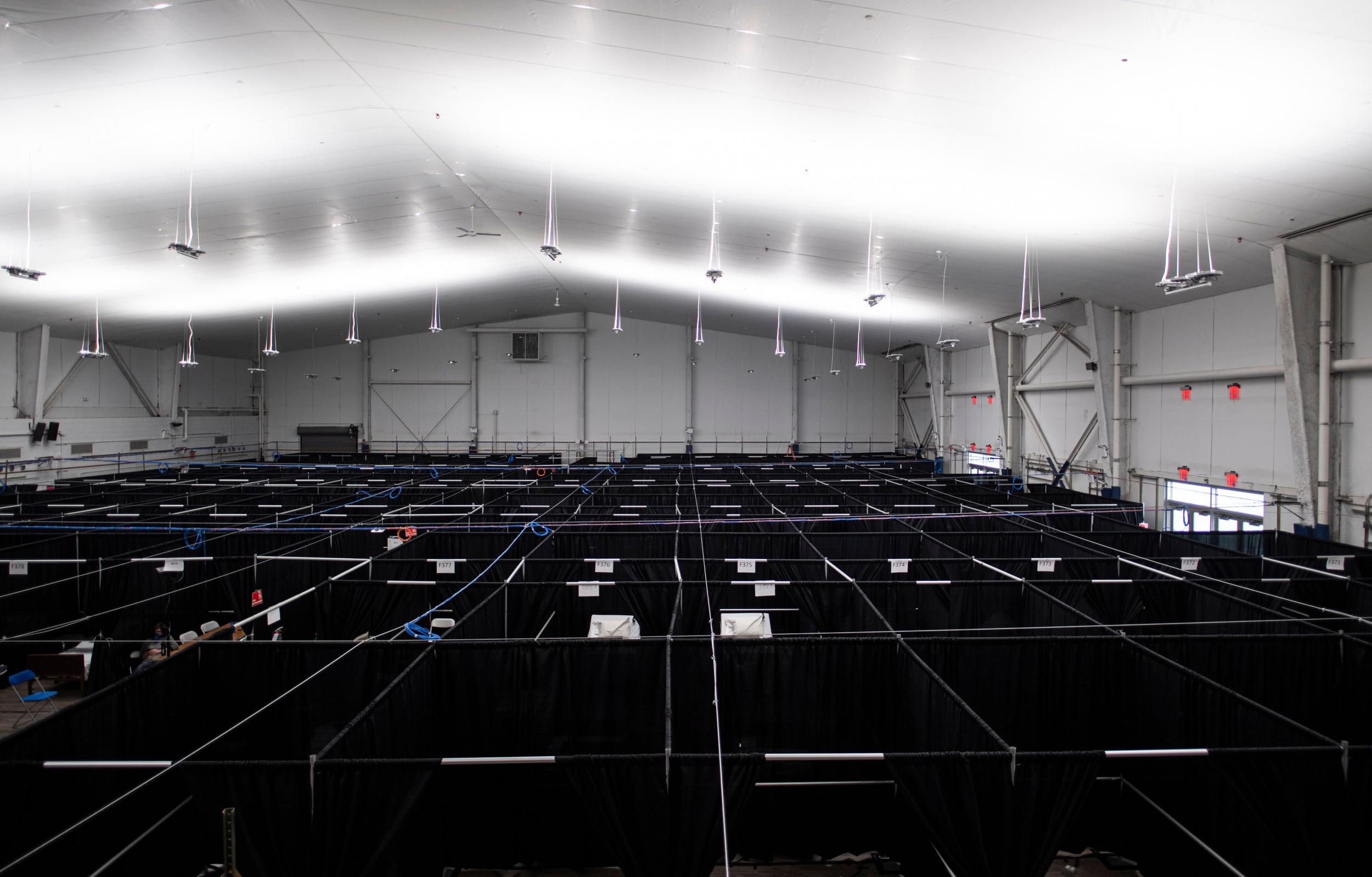 Beds are seen at the temporary hospital located at the USTA Billie Jean King National Tennis Center in Queens