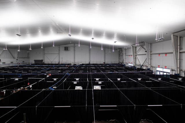Beds are seen at the temporary hospital located at the USTA Billie Jean King National Tennis Center in Queens