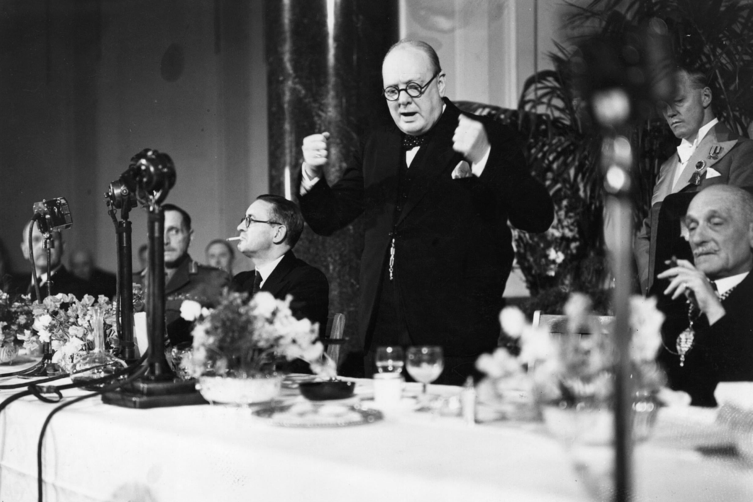 Winston Churchill, who believed poison gas could be a potentially decisive weapon against the Germans, giving a speech at County Hall in London