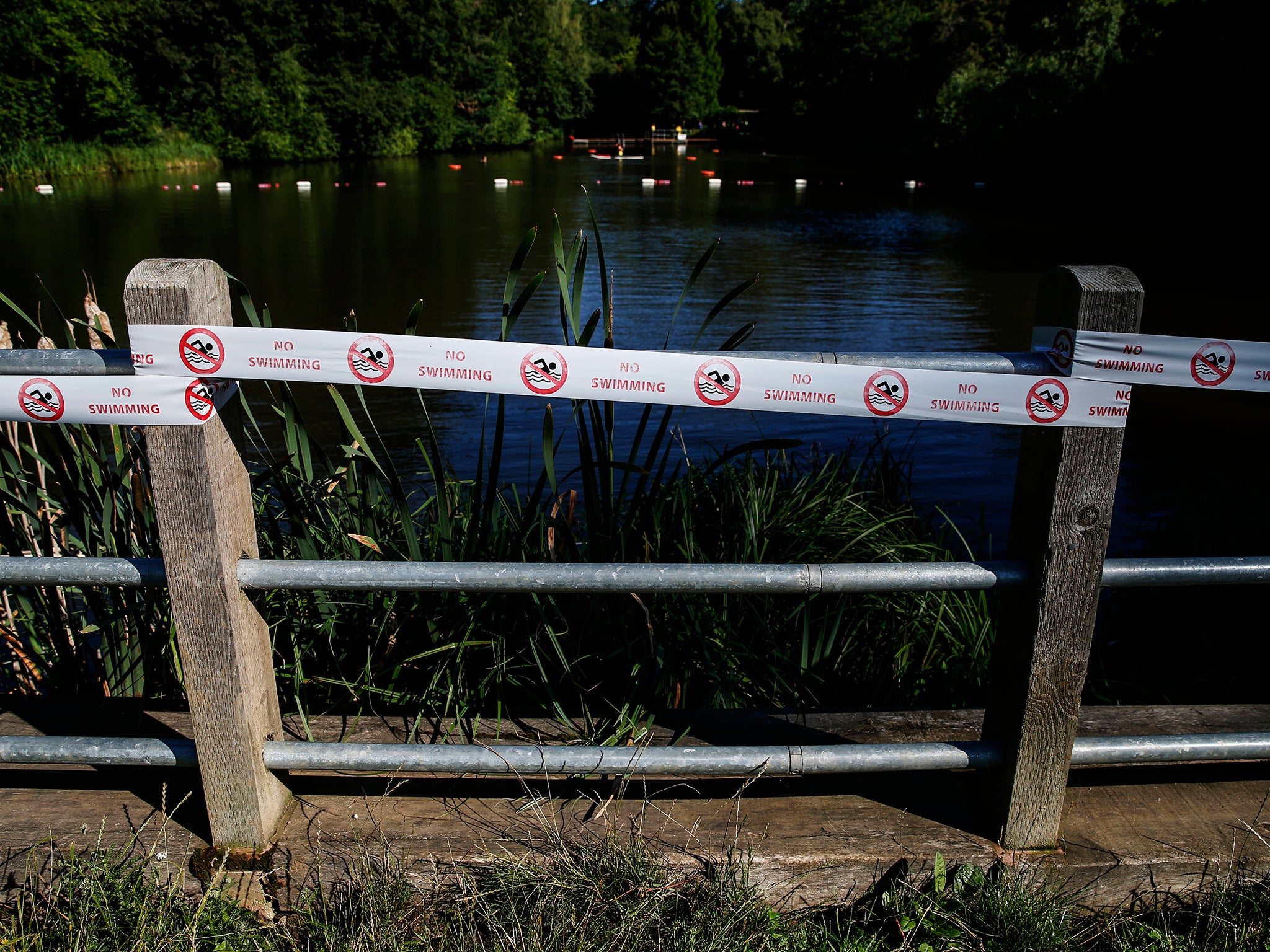 Tape showing ‘no swimming’ symbols adorns the fence at Hampstead Heath’s bathing pond