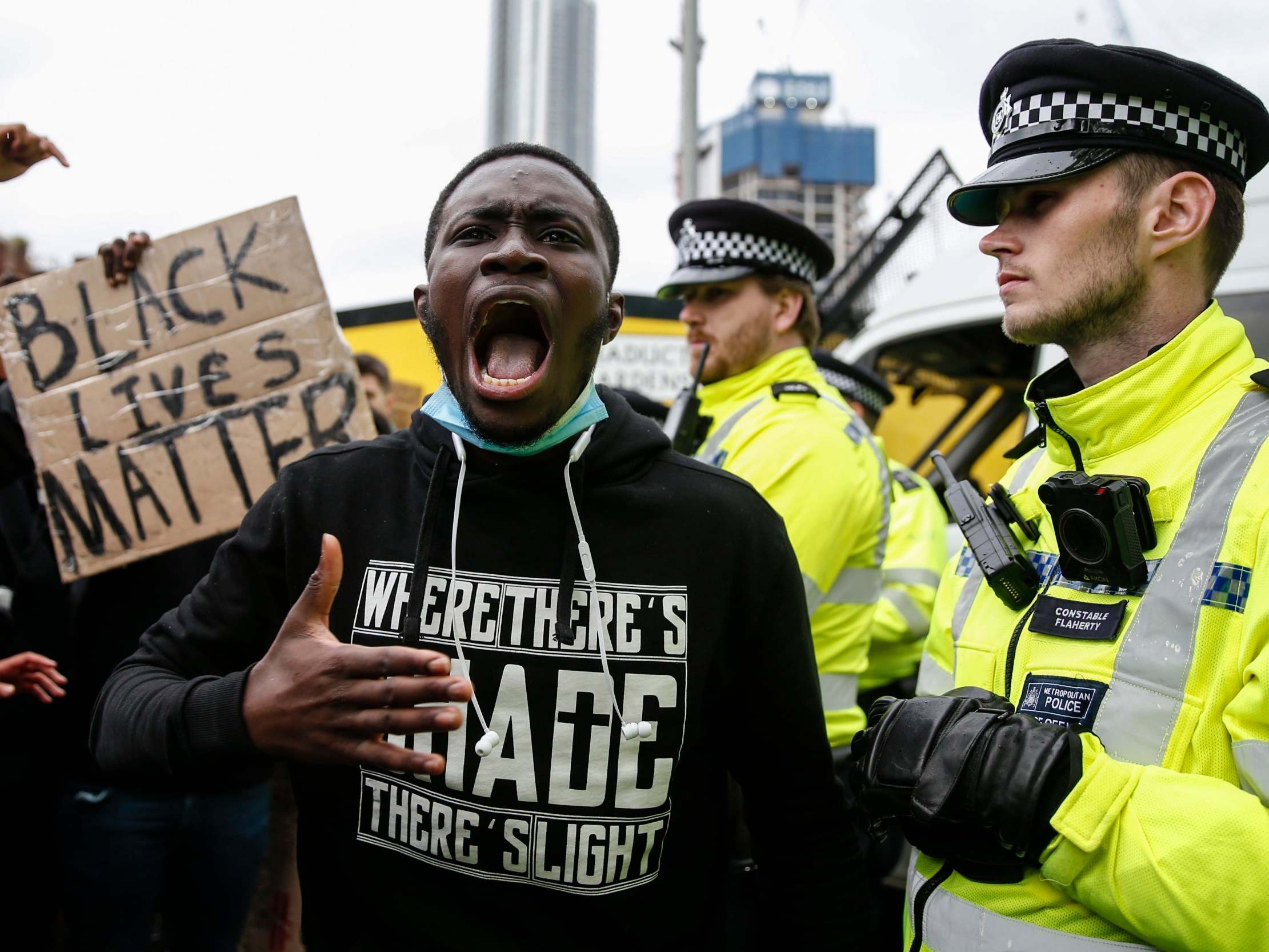 Black Lives Matter protesters demonstrate outside the US embassy in London in June 2020