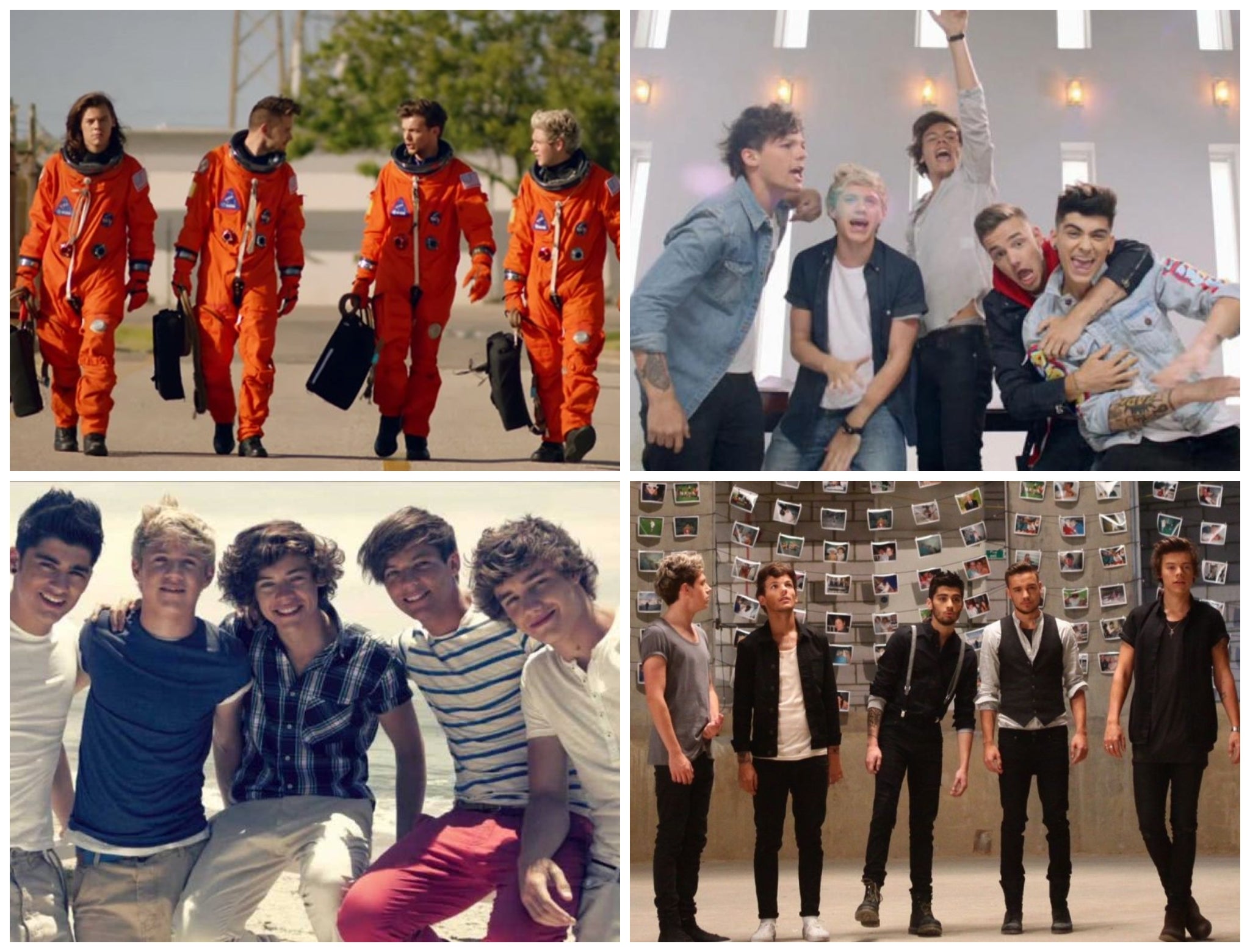 One Direction in various music videos from their five years as a world-dominating band