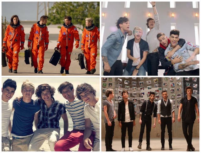 One Direction in various music videos from their five years as a world-dominating band