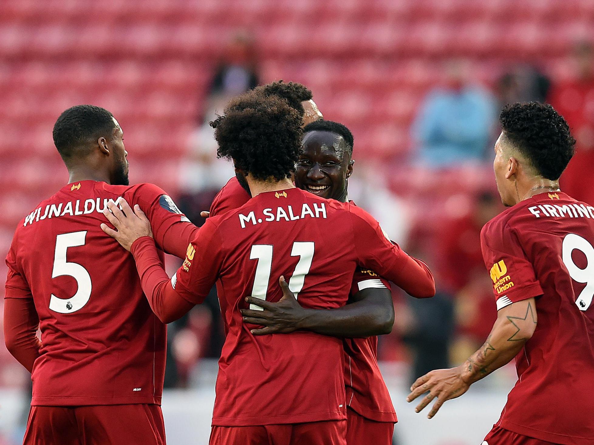 Liverpool celebrate Naby Keita’s impressive finish