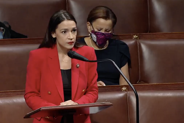 US Rep Alexandria Ocasio-Cortez responds to Rep Ted Yoho's remarks about her from the floor of the House of Representatives on 23 July 2020.