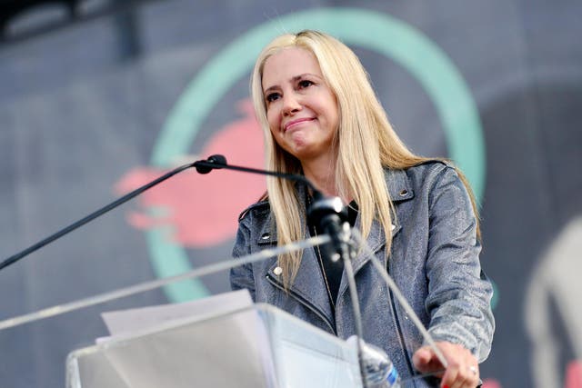 Mira Sorvino speaks at a women's march on 18 January 2020 in Los Angeles, California.