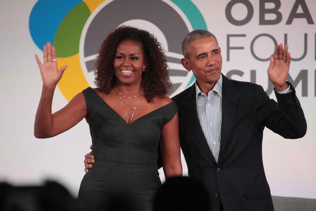 Michelle and Barack Obama close the Obama Foundation Summit together on the campus of the Illinois Institute of Technology on 29 October 2019 in Chicago.